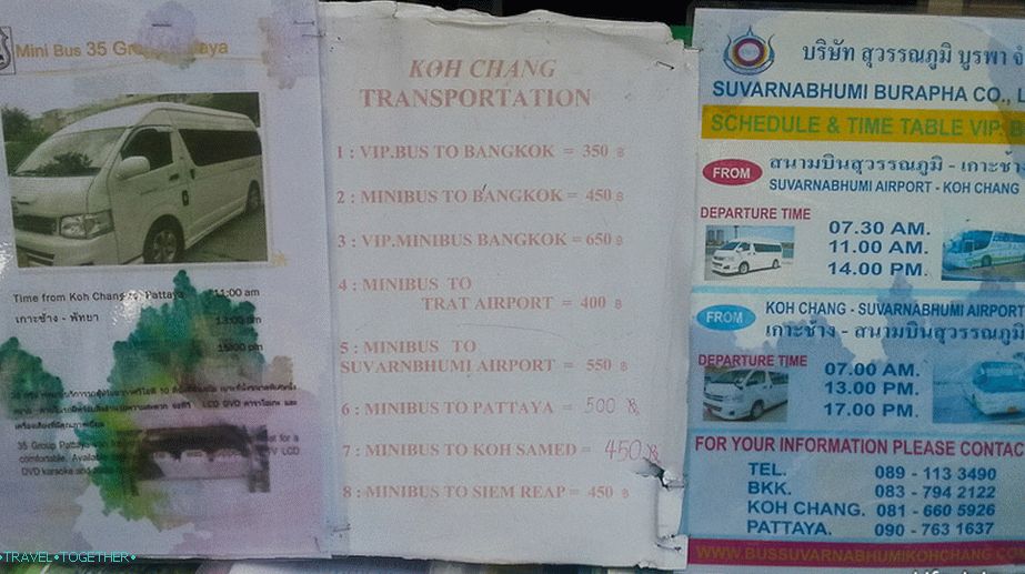 Časový harmonogram pre autobusy a mikrobusy v cestovnej kancelárii v Koh Chang