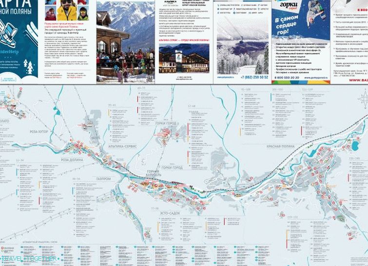 Mapa všetkých dedín v zime Krasnaya Polyana (klikateľná)