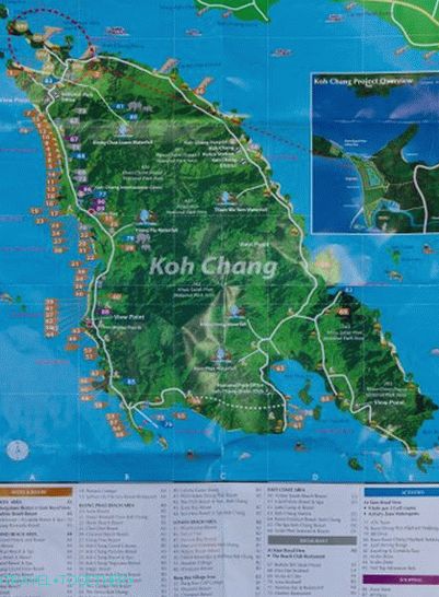 Mapa mesta Koh Chang s hotelmi a pamiatkami