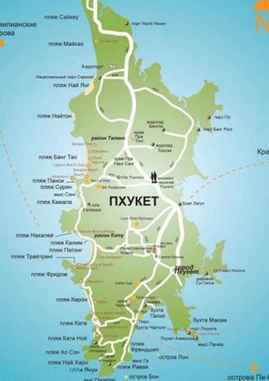 Mapa Phuketu s plážami v ruštine