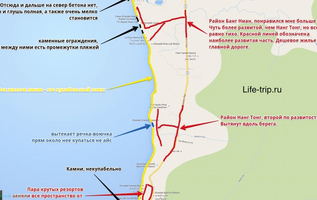 Mapa pláží Nang Thong a Bang Niang