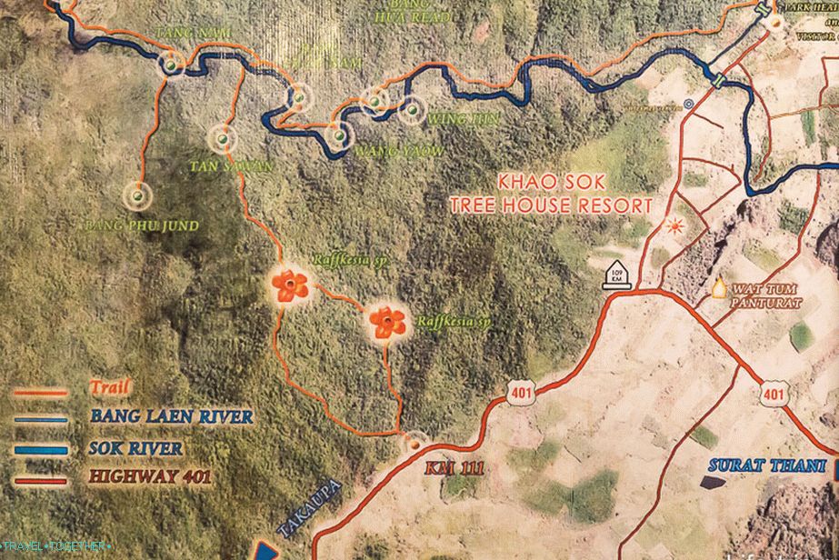 Mapa národného parku Khao Sok - môžete získať predstavu, kde sa tombola