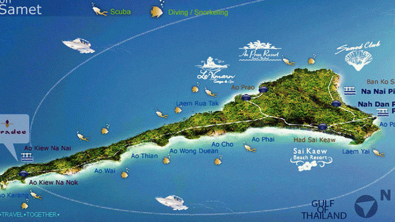 Mapa pláží ostrova Samet