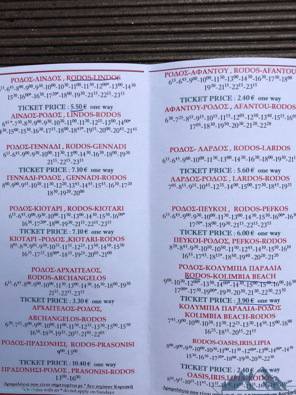Autobusový cestovný poriadok na Rodose