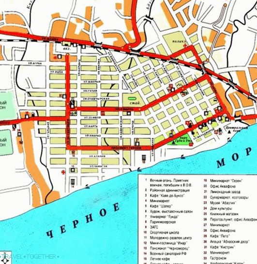 Mapa Gudauty. Abcházsko.