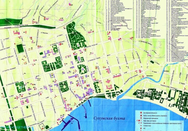 Mapa centra Sukhumi. Abcházsko.