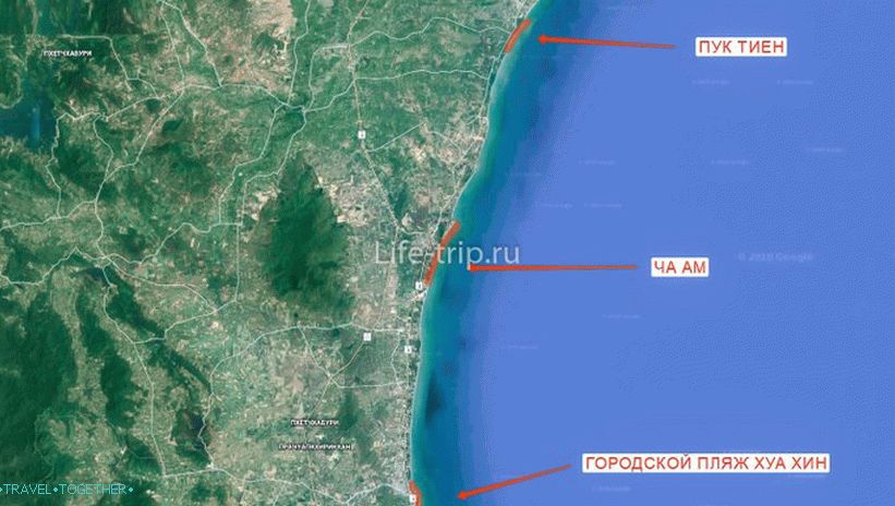 Mapa pláží Hua Hin (sever)