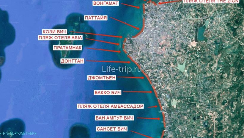 Mapa pláží Pattaya (sever)