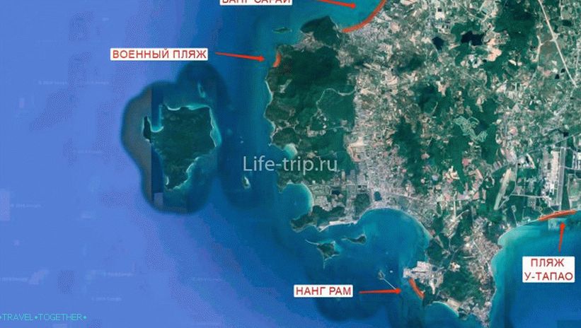 Mapa pláží Pattaya (južne)